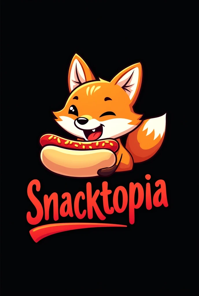 Logo with black background, A cute orange fox on top eating a hot dog, below the name Snacktopia in red typography