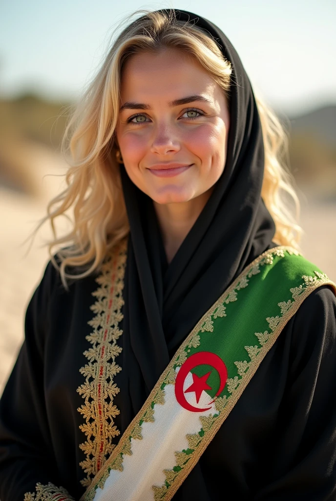 Close-up, blonde, plump woman, wearing a black abaya, embroidered in gold, and on her shoulder a scarf with the Algerian flag in white and green, looking directly at the camera, she is standing on a sandy beach . woman smiles sweetly.