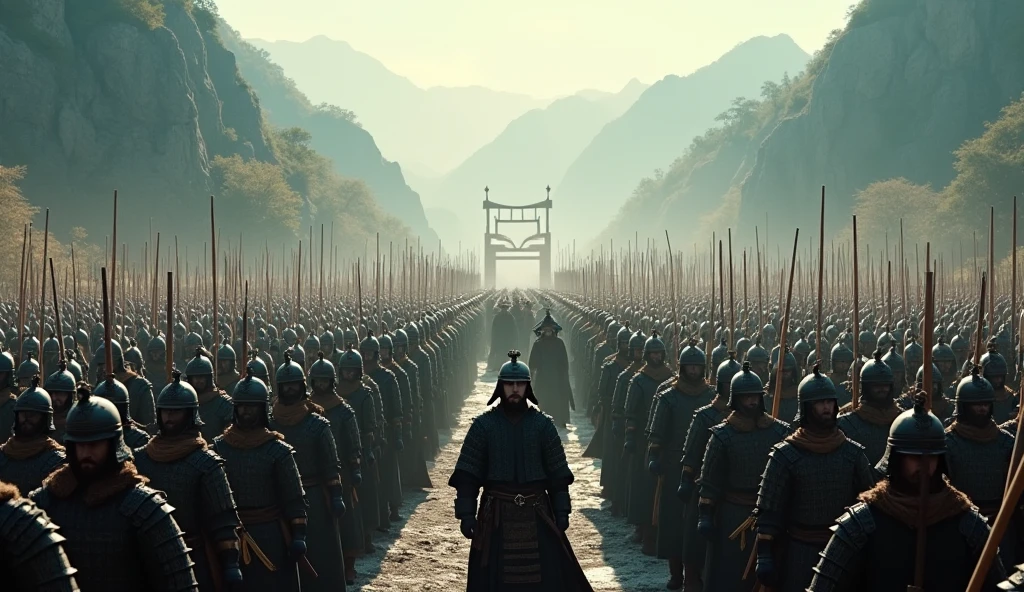 Fight; a massive army of Qin Shi Huang, the first emperor of China, detailed battle formation, soldiers in ancient Chinese armor, epic landscape with mountains and forests, cinematic lighting, muted color palette, dramatic shadows, highly detailed, photorealistic, 8k, best quality