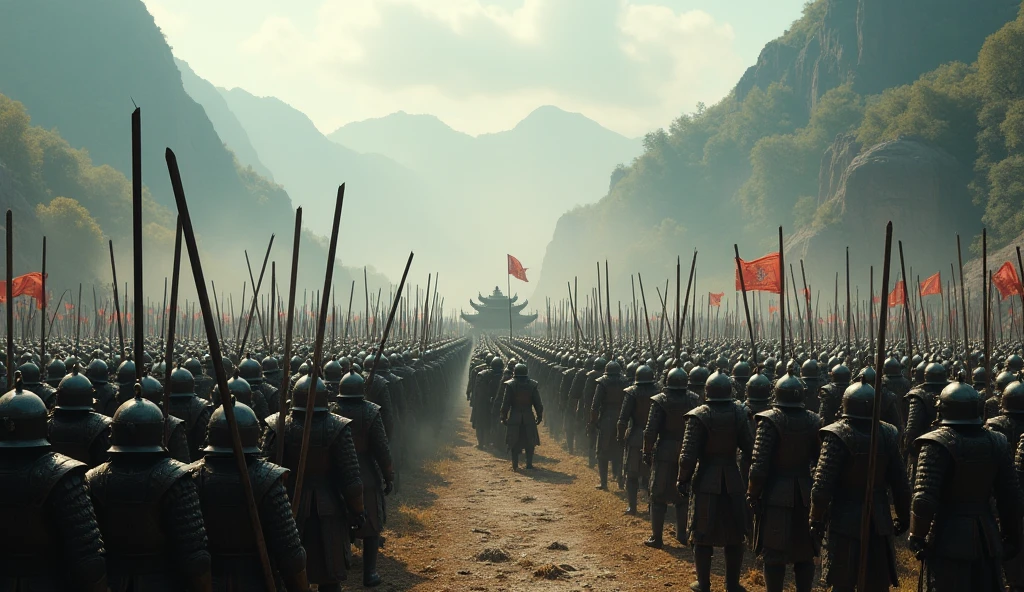 Fight; a massive army of Qin Shi Huang, the first emperor of China, detailed battle formation, soldiers in ancient Chinese armor, epic landscape with mountains and forests, cinematic lighting, muted color palette, dramatic shadows, highly detailed, photorealistic, 8k, best quality