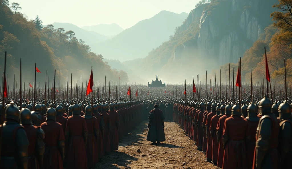 Fight; a massive army of Qin Shi Huang, the first emperor of China, detailed battle formation, soldiers in ancient Chinese armor, epic landscape with mountains and forests, cinematic lighting, muted color palette, dramatic shadows, highly detailed, photorealistic, 8k, best quality