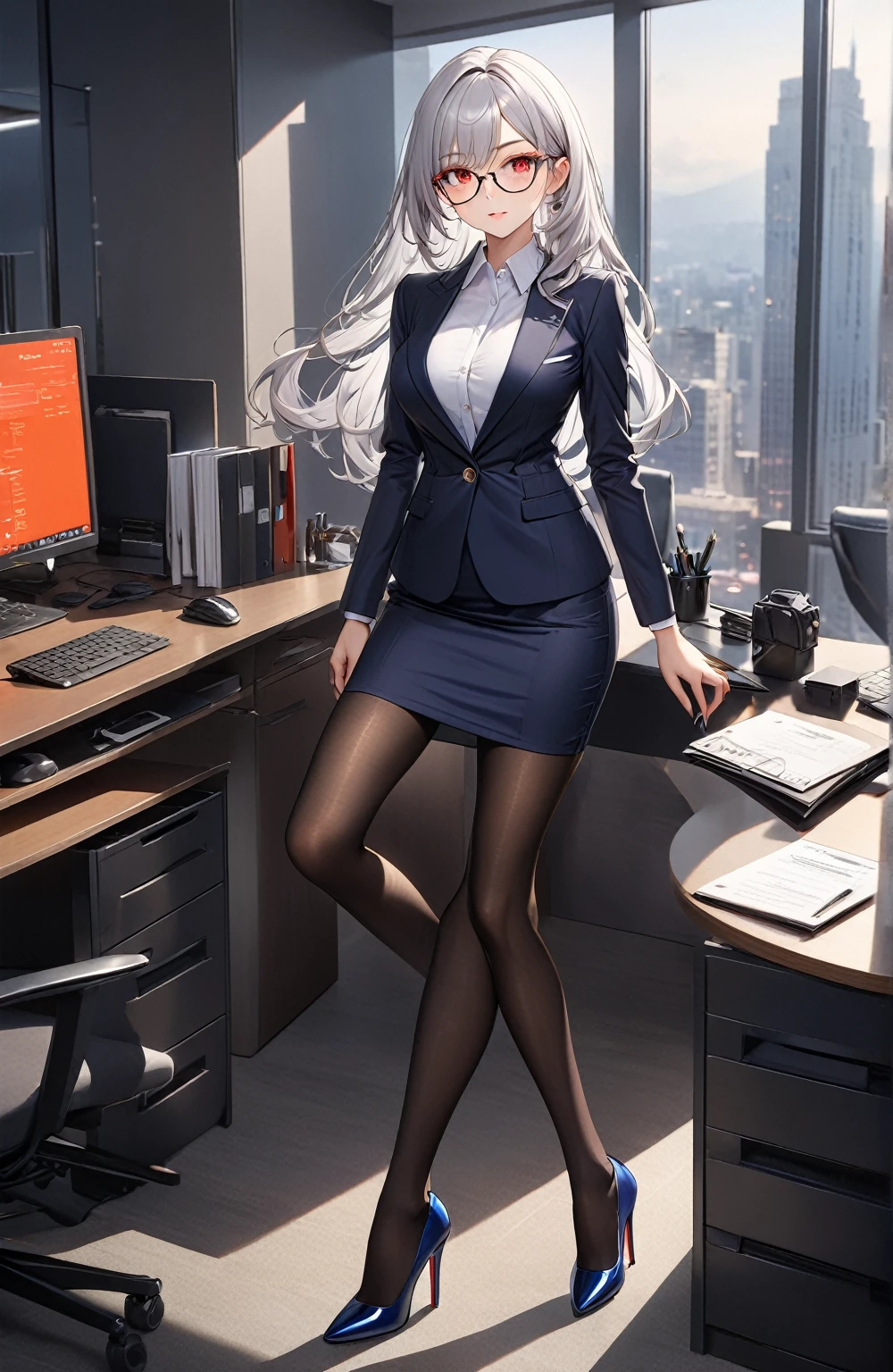 Ultra high resolution, rich colors, perfect image, top quality, detailed image, beautiful single woman, glowing skin, skin and clothing texture, delicate eyes, office, casual suit, tight skirt, black pantyhose, heels, long silver hair, full body, red eyes, glasses