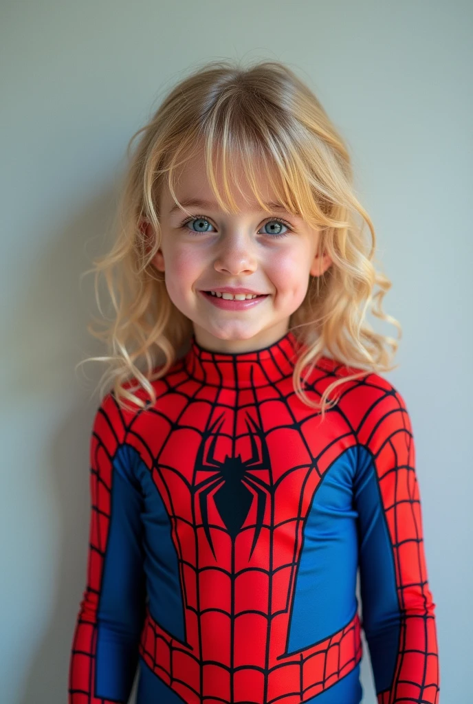 Blue-eyed blonde girl wearing spiderman costume