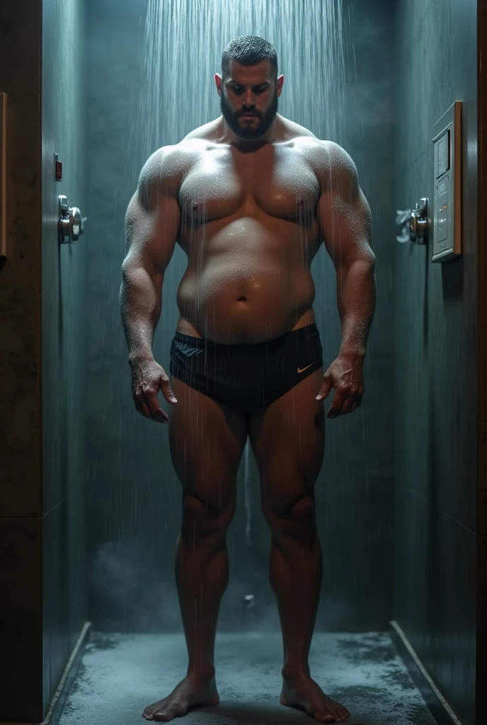 JOGADOR DE RUGBY parrudo de fully body hairless, penis upright, soap soap, upright, humida, humid, humida, soaping yourself with soap, taking a shower under the shower turned on, protruding belly on display, fully body, fatter, soap at your feet, bathroom background with shower on, humid, vapour, water, immersive and sensual lighting, hairless, naked without clothes, penis upright grosso
