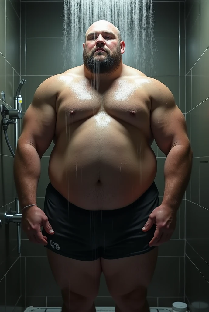 JOGADOR DE RUGBY parrudo de fully body hairless, penis upright, soap soap, upright, humida, humid, humida, soaping yourself with soap, taking a shower under the shower turned on, protruding belly on display, fully body, fatter, soap at your feet, bathroom background with shower on, humid, vapour, water, immersive and sensual lighting, hairless, naked without clothes, penis upright grosso