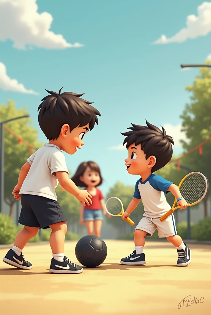 Cristian likes to play ball but Israel likes to play tennis Cristian wears black shorts and a black soccer ball Israel plays tennis in white shorts with a white t-shirt with blue sleeves.
France laughs at Christian and Israel because she likes kitboosin Christian is 4 and Israel is 3 France is 50 years old The ages of the drawings can be older