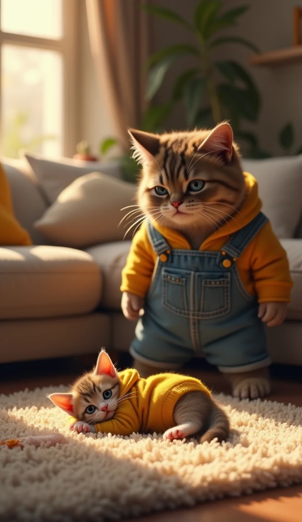 Create a photorealistic image of An adorable kitten crying and wearing yellow jeans outfit is lying weakly on a soft, cozy rug in a warm, well-decorated living room. The kitten's face looks pale, and there's a small puddle of vomit nearby, while the kitten’s father Wearing jeans outfit, a large cat, watches with a worried expression, standing in front of the couch.