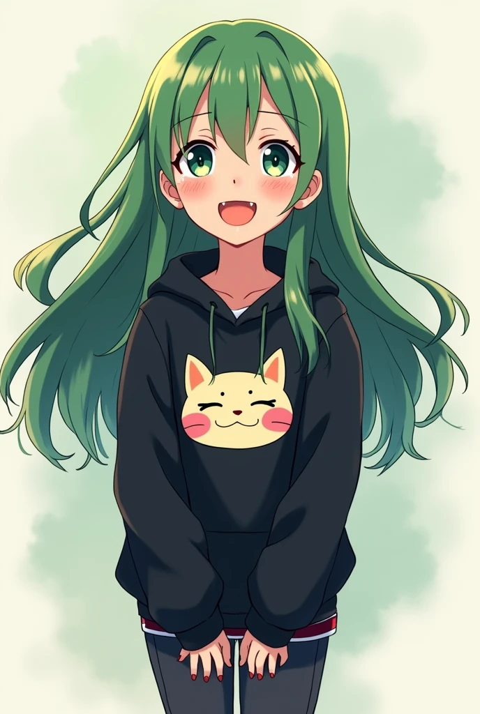 Anime girl with green and long hair, is crying from happiness, black hoodie with a cat print on the chest, black jeans, red converse shoes, teenage looking