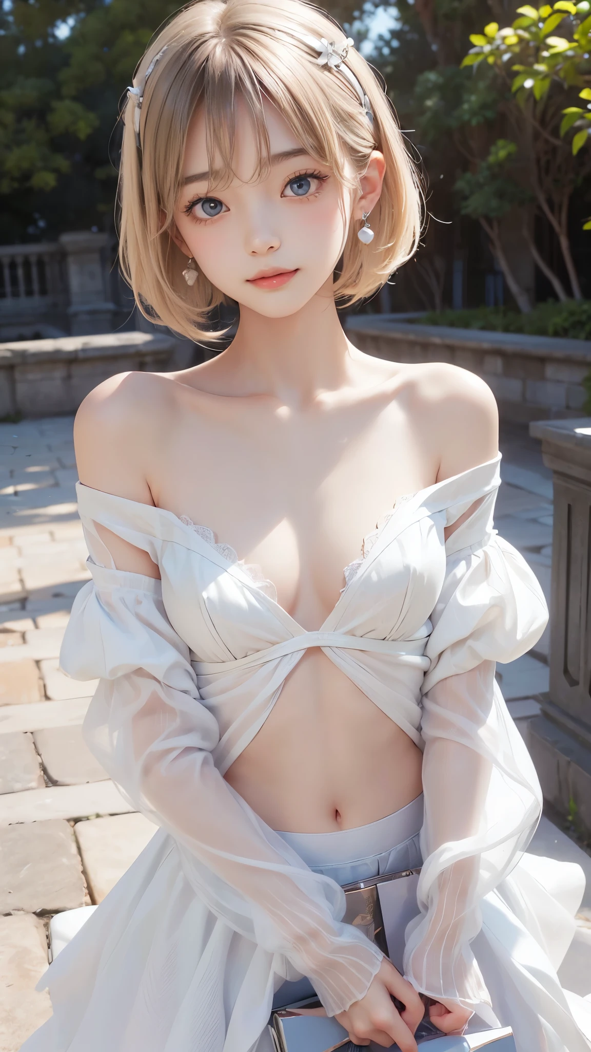 (((flat chest))), (flat chest:1.1)、(off shoulder with open breasts),8k,Ultra-high image quality, ultra-high detail,detailed face,(((flat chest))), (flat chest:1.1)、 cute face, master piece , best quality , woman , bowler hat , bangs , smile , outdoor, Shiny platinum blonde silky super short hair, side locks, beautiful shiny bangs, big clear Brown eyes, very beautiful light eye highlights, earrings、Off-shoulder with beautiful collarbone、white-coloured skin、Lower R (red) and raise G (green) and B (Blue) in the white balance setting、Small breasts, breast size b-cup、(((flat chest))), (flat chest:1.1)、Ultra high definition, Textured skin, Very detailed, high quality, High detail, High-resolution model, 最high quality, High resolution, masterpiece, Anatomically correct,