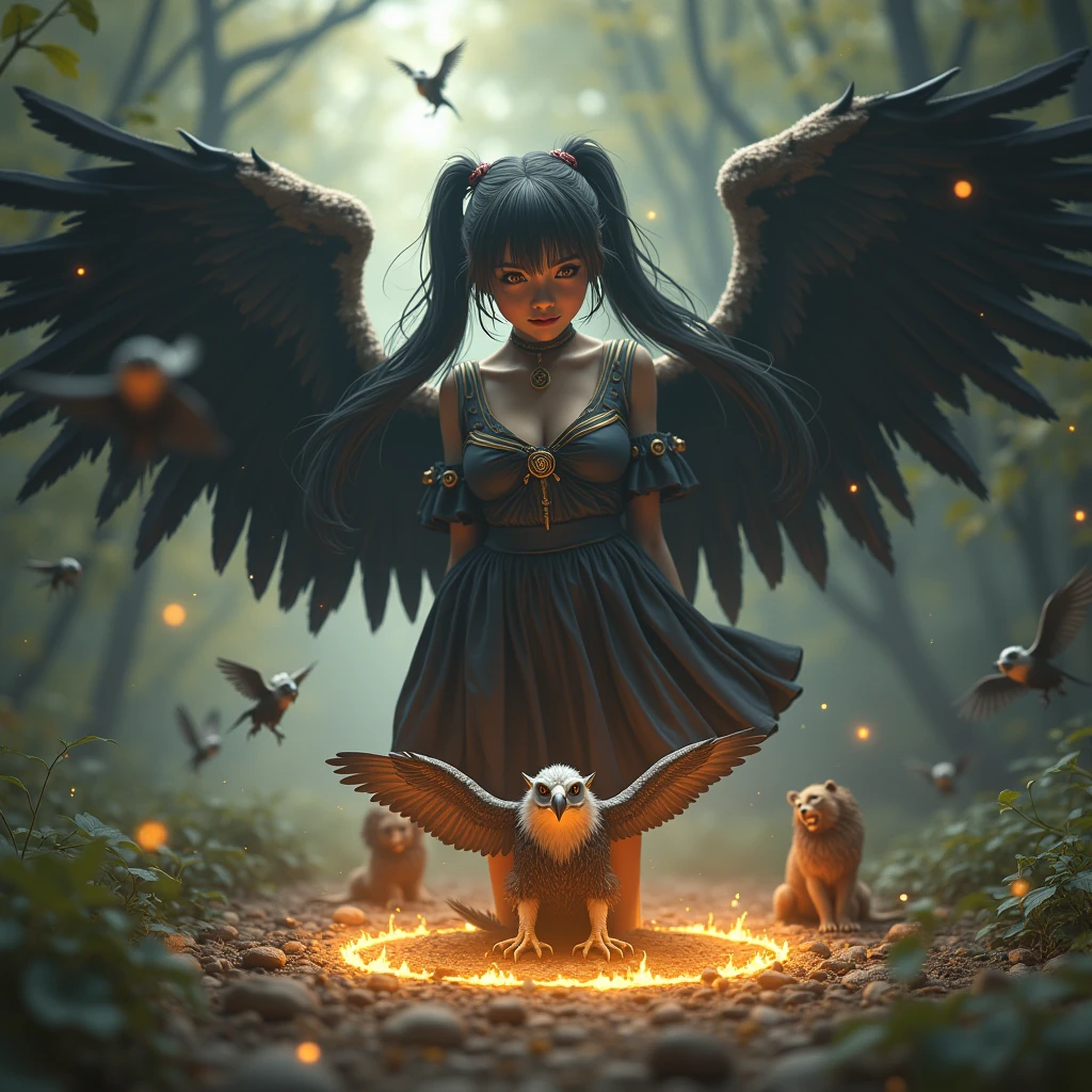 A beautiful young witch in a revealing and sensual school uniform, with long black twin tails, summoning a small and cute griffin from a magical circle, Several small griffons appear and fly around the girl,
(A griffin is a four-legged chimera monster with the head and wings of an eagle, the clawed feet of an eagle on its front legs, and the body, hind legs, and tail of a lion.)
intricate fantasy landscape, realistic, cinematic lighting, dramatic colors, highly detailed, cinematic composition, digital art, concept art, fantasy art, Realistic, (Raw Photo), (ultra-detail: 1.2), (high resolution: 1.3), masterpiece, 8k, photo-realistic, hyper detailed, (beautiful eyes), confident smile,