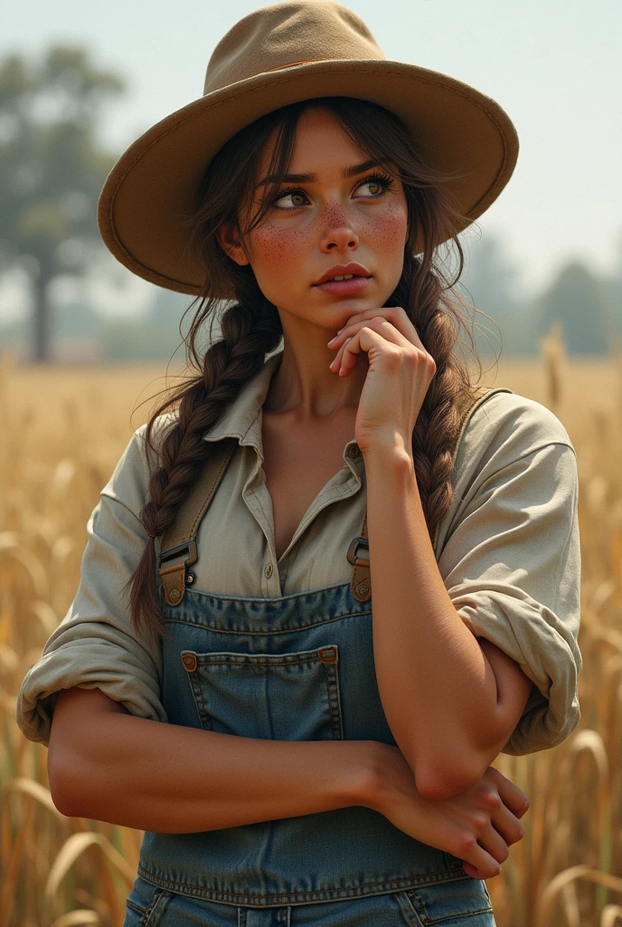 woman of average height, cerca de 1,65 m high, with a robust physical size, result of years of work in the field. Your skin is tanned by the sun, with some freckles scattered across her face, especially around the nose. Their hair is long and brown, often braided to keep hair out of the face while working. She has deep brown eyes, that reflect a mixture of serenity and determination. Clara&#39;s hands are calloused, but firm, accustomed to handling tools and working the land. She usually wears practical and comfortable clothes., like a light cotton shirt and worn jeans, that facilitate your movements during daily activities. Wear leather boots, resistant and already molded to your feet through constant use. This woman had a clear questioning face, asking yourself some questions. She put her hand to her face in a thoughtful manner..