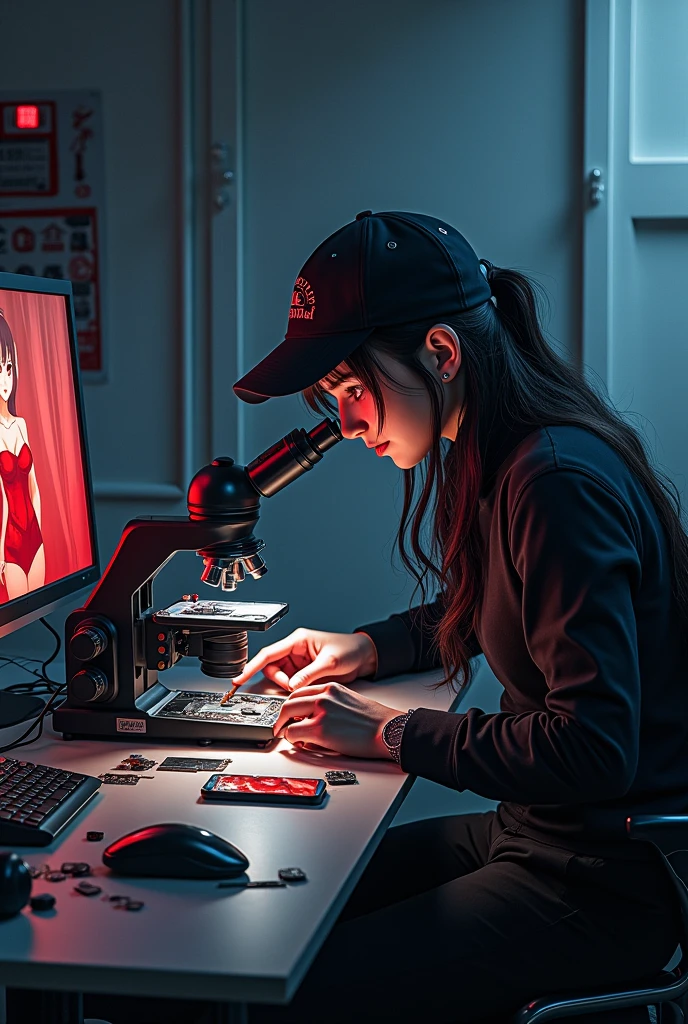 Mobile phone repair center equipped with the latest equipment. Dracula with his red eyes sits on a chair looking into a microscope and repairing an iPhone. The photo is taken from above with the mobile phone holding a picture of an anime girl in a red swimsuit. The microscope is replaced with a modern model and Dracula&#39;s hair is extended with his fangs visible. In his hand is a screwdriver. The microscope has two lenses and a digital screen on the wall. The photo is a little further away with the telescope visible. He is wearing a cap. Changing his hairstyle. Long hair is tied up. Some maintenance parts are spread out on the table. 