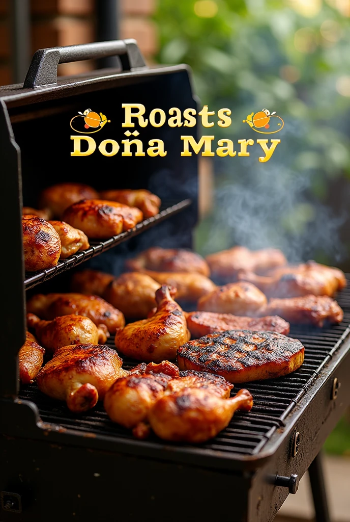 An image of a grill with chicken and meat and that says roasts doña mary, for a food menu