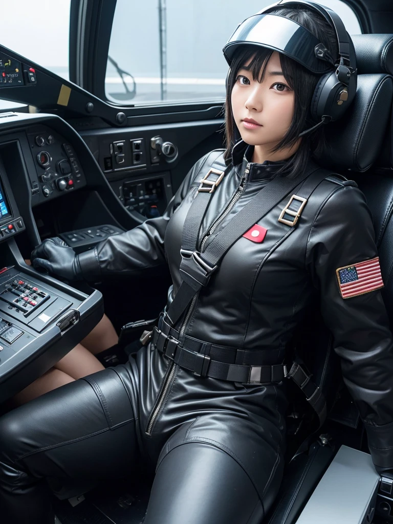 Japanese female soldier,Black Hair,He is fully secured in his seat in the cockpit of a fighter jet by a thick harness.,Plump,Slightly thicker,Spread your legs,Squat,Pilot Suit,Helmet,Surrounded by switches and monitors,