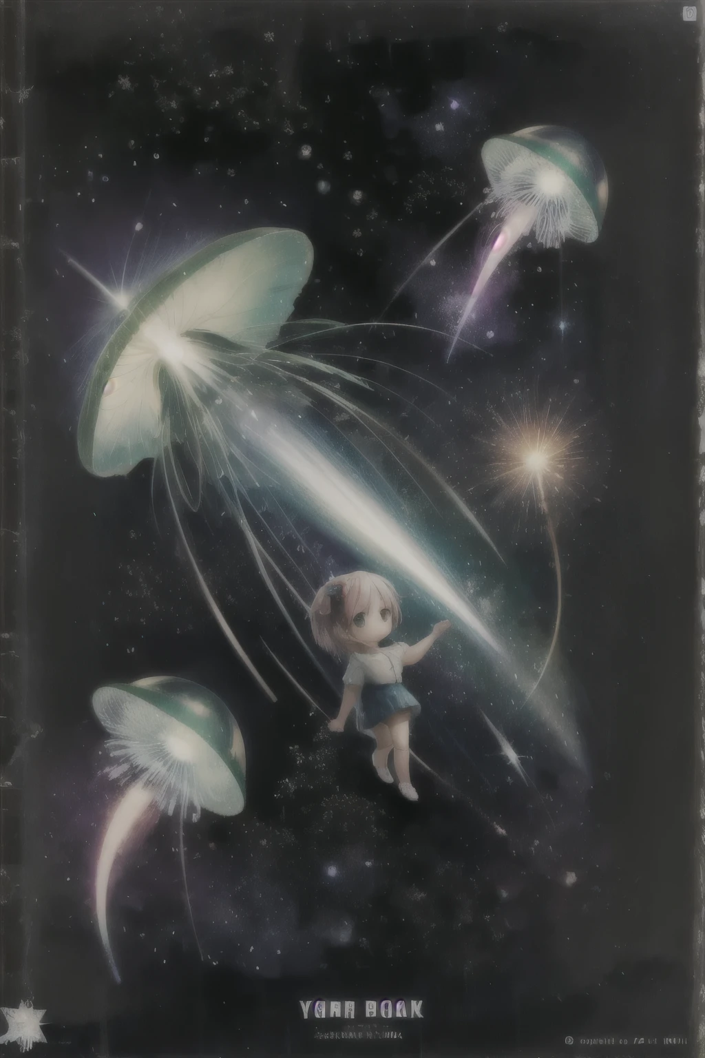 galaxy, rocket, jellyfish, shooting star, cute art. Chibi, digital art. Cozy calm, more