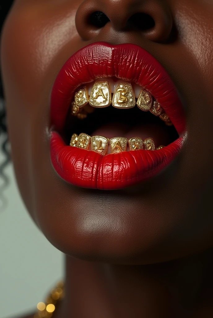 a female mouth, with red lipstick, dark-skinned, the upper teeth with golden grillz written " lab", and on the lower teeth golden grillz written " DELAXX"