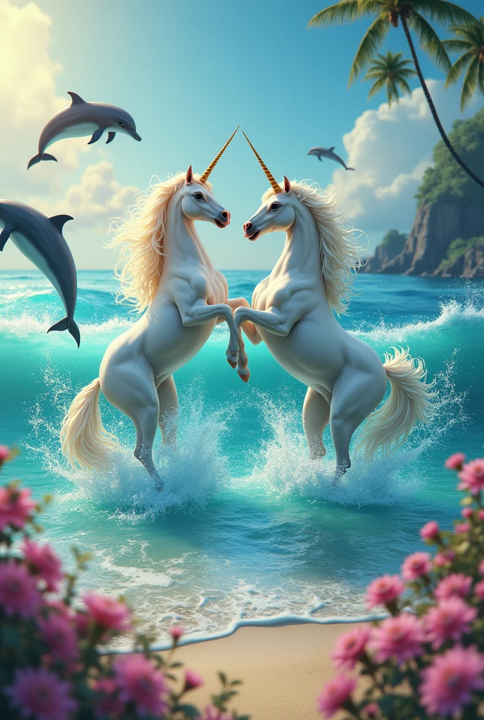 Create a colorful image with unicorns and dolphins inside a realistic beach with the horses swimming with the dolphins jumping on the colorful beach