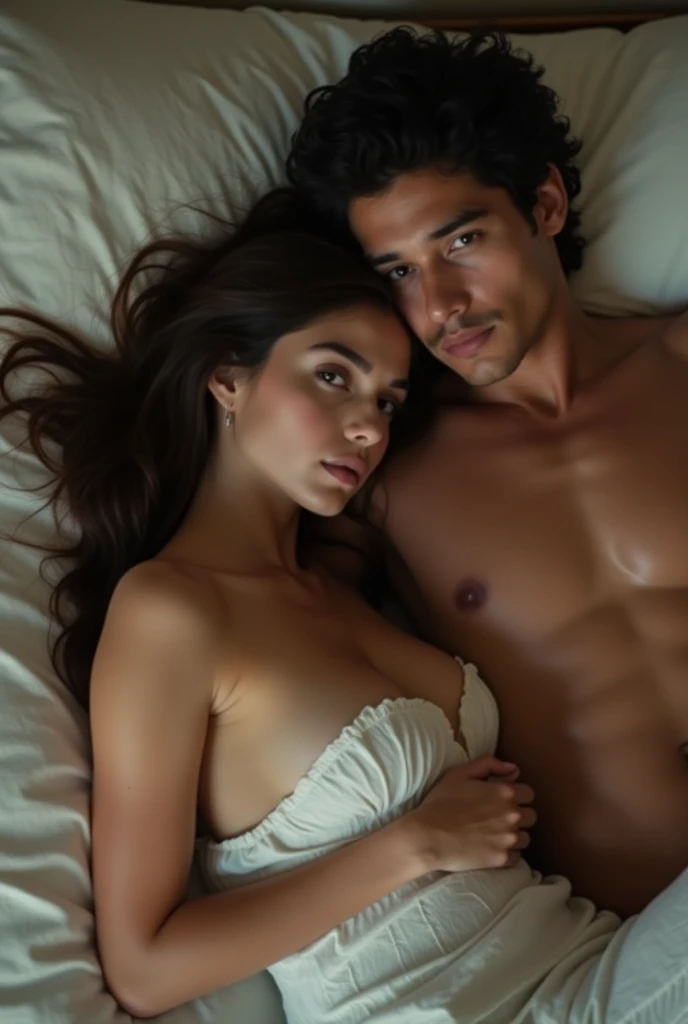 A young mexican woman with no clothes looking at the camera in a frame where you can see from the legs to the head. The woman is lying in a bed with a skinny young mexican man