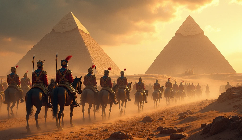 a highly detailed illustration of napoleon's army arriving in egypt, intricate military uniforms, soldiers on horseback, imposing pyramids in the background, dramatic cloudy sky, warm desert tones, dramatic lighting, cinematic composition, (best quality,4k,8k,highres,masterpiece:1.2),ultra-detailed,(realistic,photorealistic,photo-realistic:1.37),dramatic lighting,cinematic composition,historical painting,epic scale