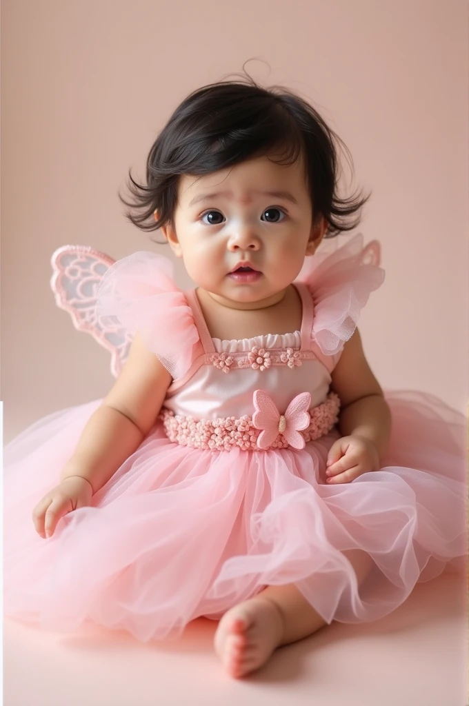 Create one year old baby image, De pele clara, dark shaped eyes, fly away, short dark hair. Wearing a pink princess dress with butterfly details. Full-body image