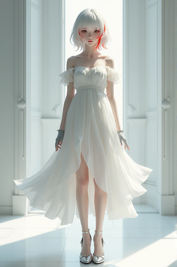 A girl with white hair and red highlights,Brown eyes with fine features, white skin, wearing a white dress with silver heels, white heels, and grey gloves.