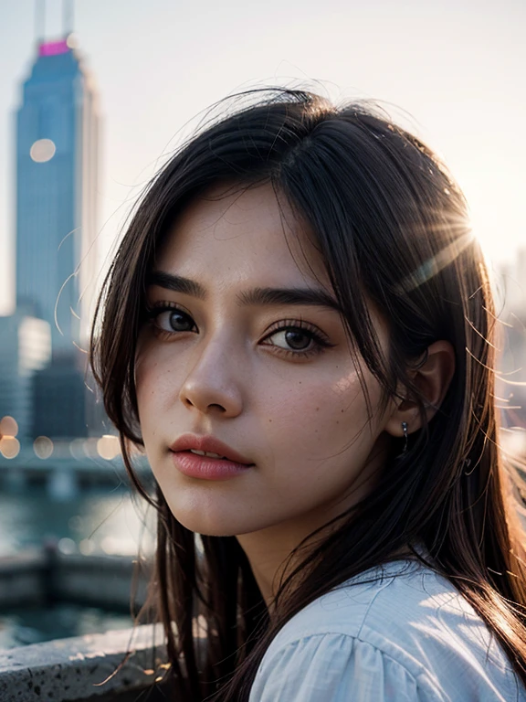 close-up portrait of a pretty woman (gldot) CITY OF MANY LIGHTS , realist, masterpiece, of the highest quality, Lens flare, shadow, bloom, [[chromatic aberration]], anzanedo, Digital paint,