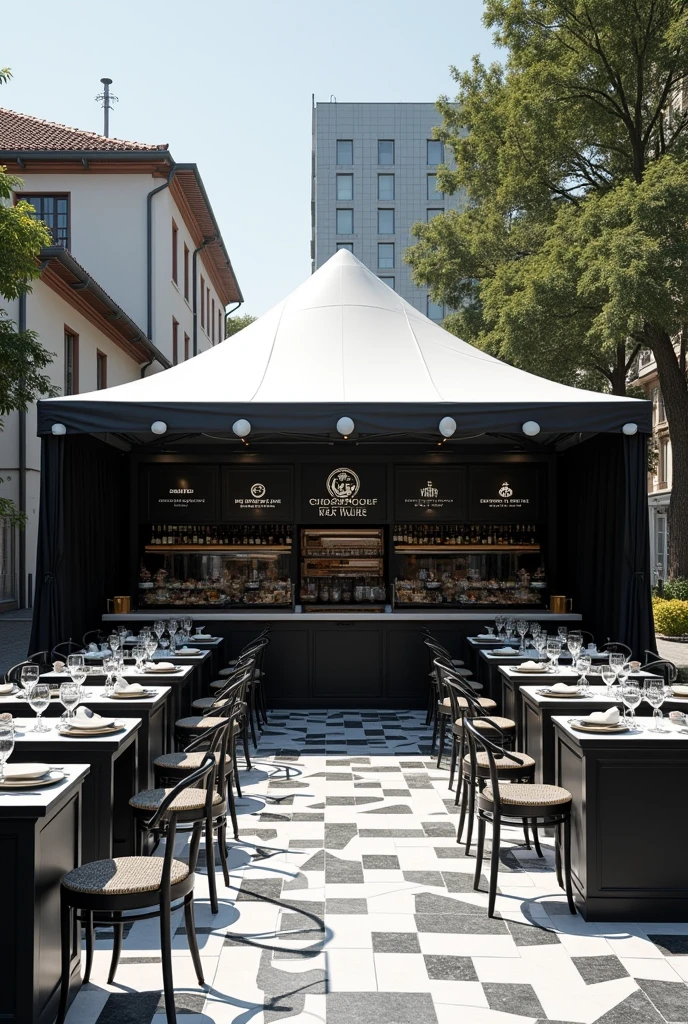 Open-air gastronomic fair where the 10 tables and the tent have been painted in black and white 