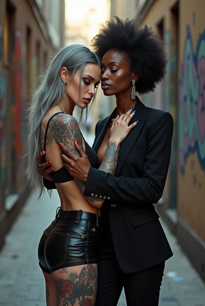 Two russian old milf women: the dominant aggressive dark skinned black woman in business pinstripe suit (jacket and trousers), black heeled shoes, very long nails and afro hair, standing up with separated legs and possessive stance showing off her new white girlfriend to the camera (arm around her girlfriends' neck squishing her back tightly, and grabbing tightly the white woman arm with her other hand, like a predator on her prey). Next to her, her white rich drunk girlfriend looks at the camera (white woman is very pale: pale face, pale neck, pale chest, pale arms, pale hands, pale stomach, pale leg), white woman stretches her neck. white woman leans back and on her girlfriend heavily, feeling needy. white woman is being seduced, White woman"s body is twisted and unstable, the hands of white woman are in her pockets. White woman dresses in rock chic style: low rise skinny worn dark grey jeans, grey hair (pouf, top bun with shaved sides, wide colourful bandana as headband) and oversized square sunglasses as headband. Big lips with no makeup. White woman wears Black studded leather push up bra and has big silicone breasts. Barefoot. The white woman wears Lots of thick wide bracelets in her wrists and big pearl necklaces around the neck of the white woman, and big rings, Wide loose studded belt with big solid buckle. The white woman is densely tattooed on neck, snake tattoos on her chest, snake tattoos on her arms, snake tattoos on her stomach, tattoed legs, wrists and feet. White woman has well Toned abdominals, thin neck, slim legs and thin arms. White woman has Narrow hips and noticeable tigh gap. The body of the white woman is twisted in a lazy posture. Full body. On a narrow street with graffitied walls