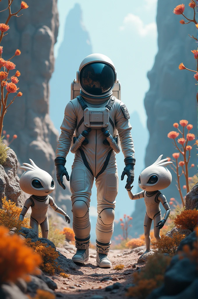 The astronaut goes to a strange and new planet and meets some aliens who seem friendly.