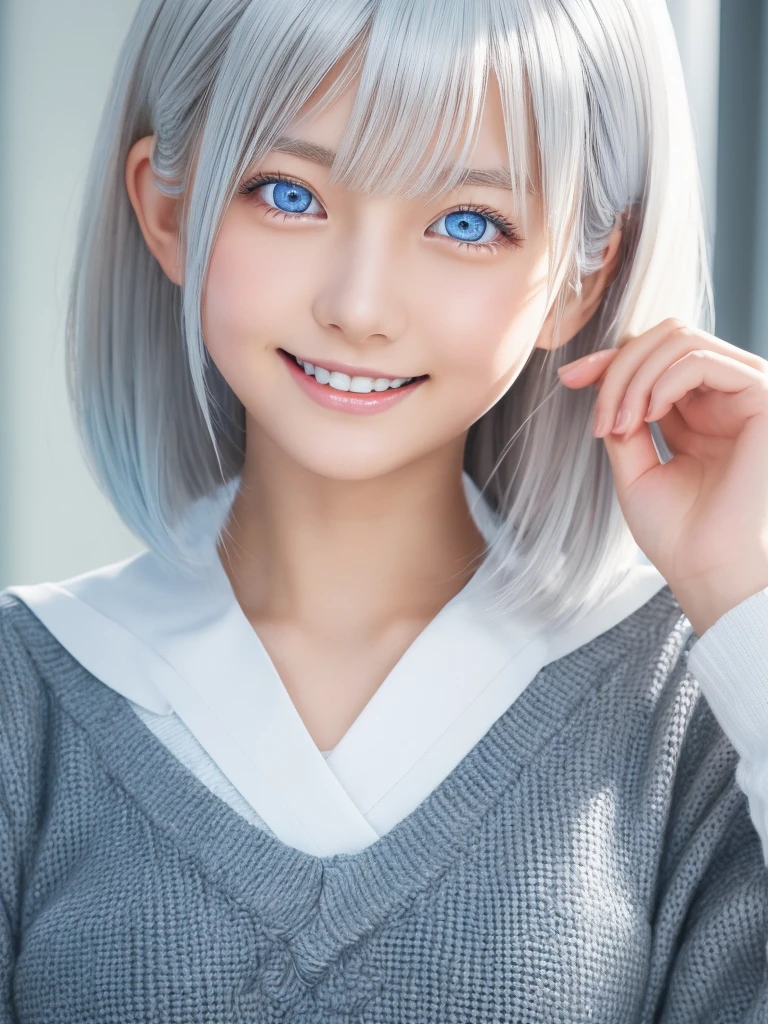 a young beautiful Japanese girl with short platinum silver hair,large bright pale blue eyes,droppy eyes,a balanced gaze,and a sweet smile,Nordic Beaute wearing a detailed school uniform,highly detailed and realistic, 8K,ultra-detailed,photorealistic,masterpiece,Highres fix,Orgasm face
