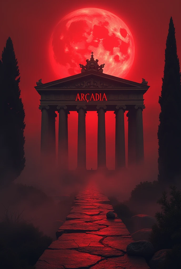Create a background of a pantheon that looks slightly blurred and in the center of the image there must be the words "ARCADIA" with a gothic font inspired by vampires. The background has to be red.