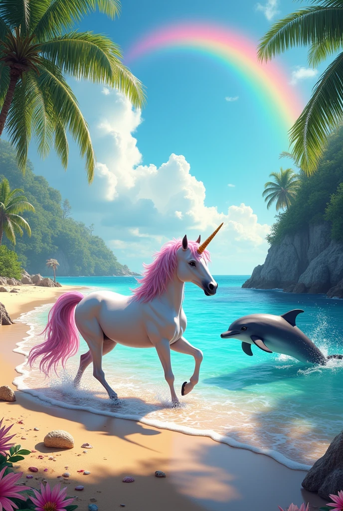 Create a colorful image with unicorns and dolphins inside a realistic beach with the horses swimming with the dolphins jumping on the colorful beach with rainbows and all with many colors 



