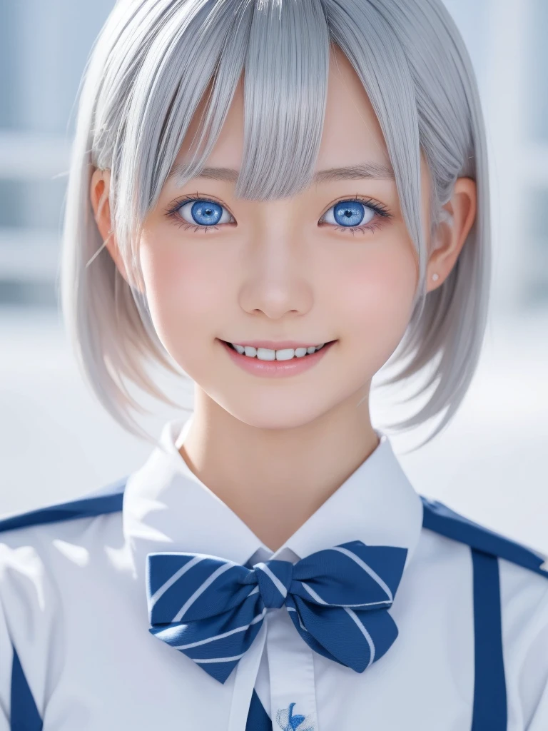 a young beautiful Japanese girl with short platinum silver hair,large bright pale blue eyes,droppy eyes,a balanced gaze,and a sweet smile,Nordic Beaute wearing a detailed school uniform,highly detailed and realistic, 8K,ultra-detailed,photorealistic,masterpiece,Highres fix,Orgasm face