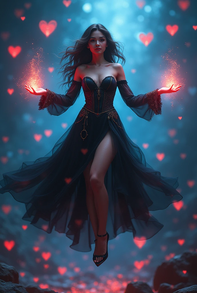 (masterpiece:1.2), (The best quality:1.2), perfect lighting, Dark Magician Girl casting a spell, floating in the air, big tits, neckline, magic background. Transparent hearts in the environment, Subjective and sensual pose. hot. magic background