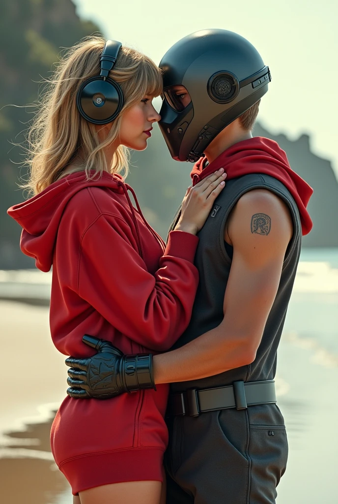 Taylor Swift, realistic, big breasts, microphone, full body & Youg boy with red hoodie, headphones, Star-lord helmet, rocket boots, gas helmet, covered mouth, round red, eyes, front cover, hugging, love, Romance, hug, Beach.