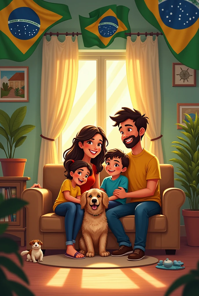 A room with a very happy family with two children and a dog with Brazilian flags scattered around the house