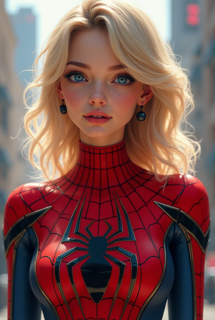 Blonde girl with blue eyes, about 1 , Medium-sized breasts, wearing the spiderman suit