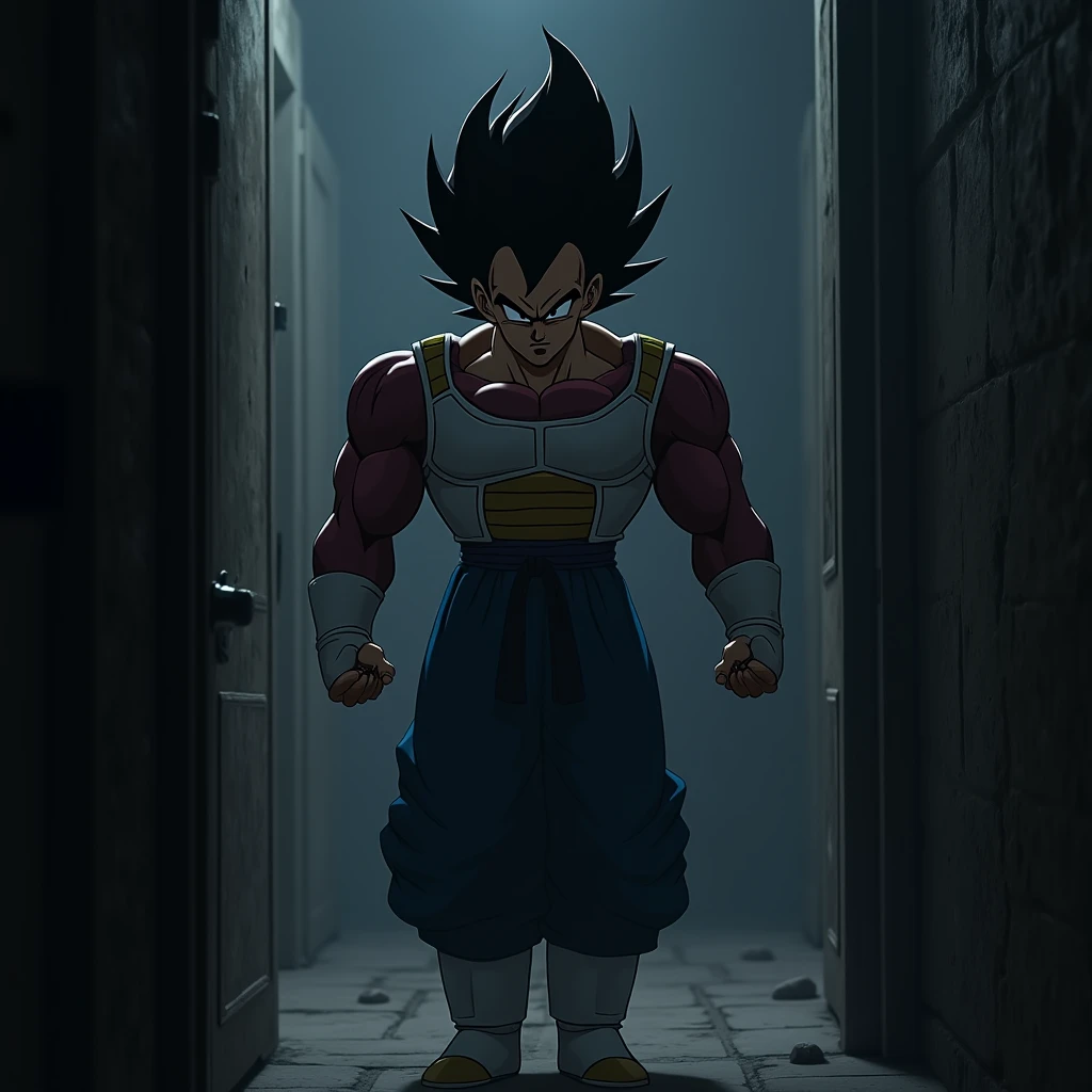 Vegeta, The proud and powerful prince of the Saiyans, cautiously enters a seemingly ordinary house. His eyes are wide open, his muscles tense, and his expression is a mix of distrust and surprise. The house is poorly lit, with shadows cast on the walls, and a strange atmosphere that feels eerie.