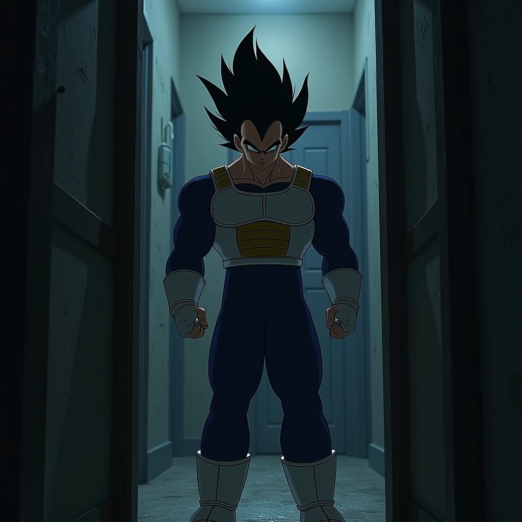 Vegeta, The proud and powerful prince of the Saiyans, cautiously enters a seemingly ordinary house. His eyes are wide open, his muscles tense, and his expression is a mix of distrust and surprise. The house is poorly lit, with shadows cast on the walls, and a strange atmosphere that feels eerie.