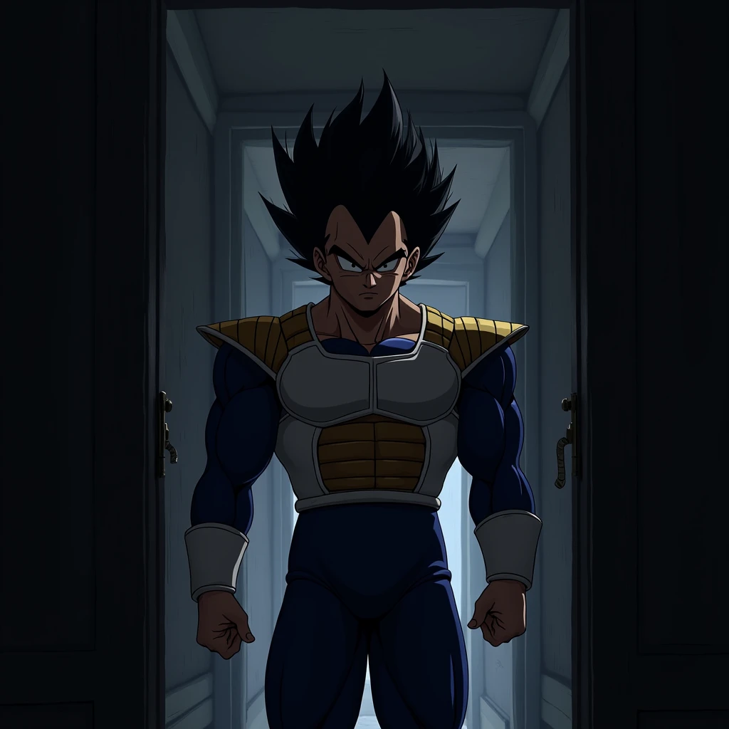 Vegeta, The proud and powerful prince of the Saiyans, cautiously enters a seemingly ordinary house. His eyes are wide open, his muscles tense, and his expression is a mix of distrust and surprise. The house is poorly lit, with shadows cast on the walls, and a strange atmosphere that feels eerie.