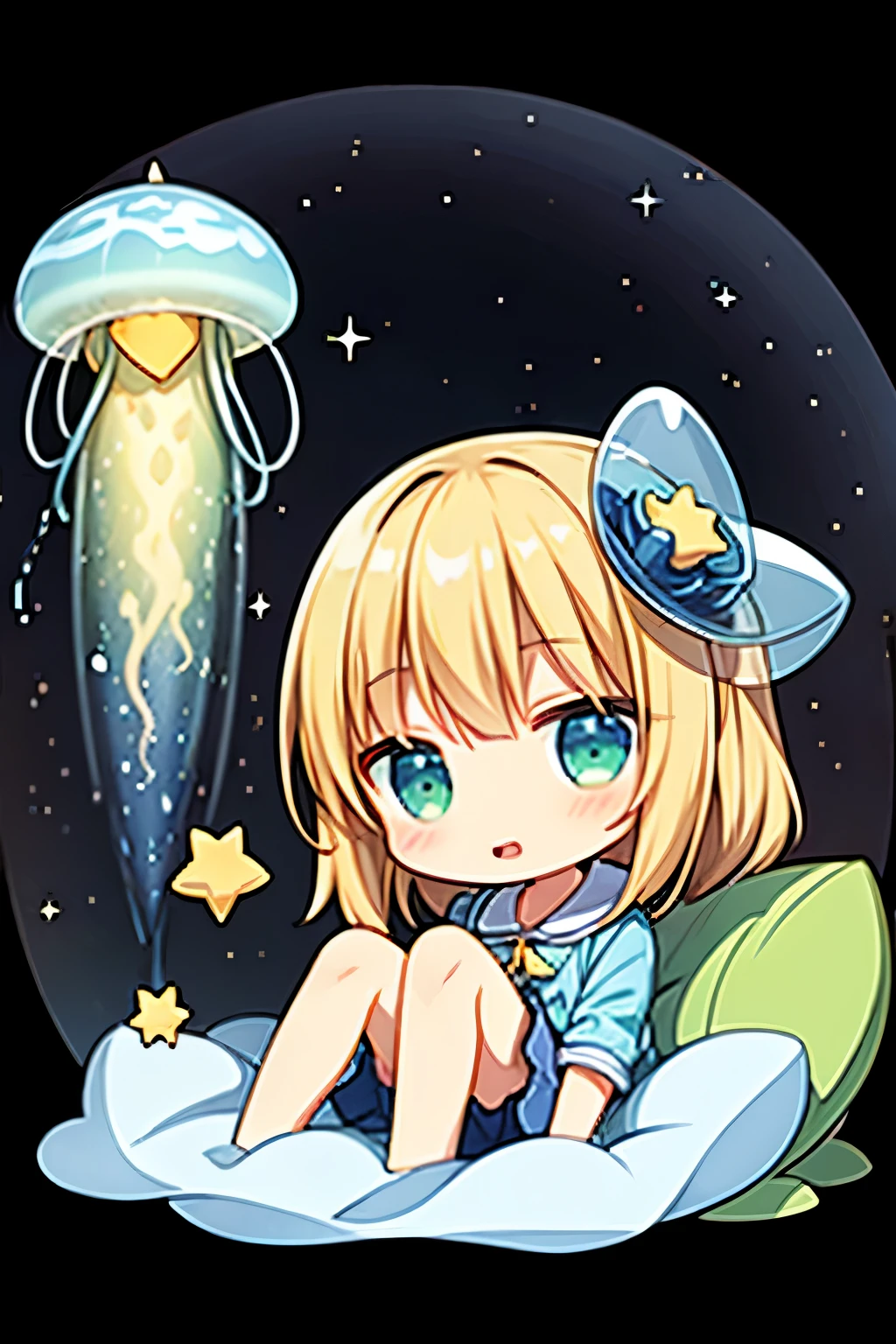 galaxy, rocket, jellyfish, shooting star, cute art. Chibi, digital art. Cozy calm, more