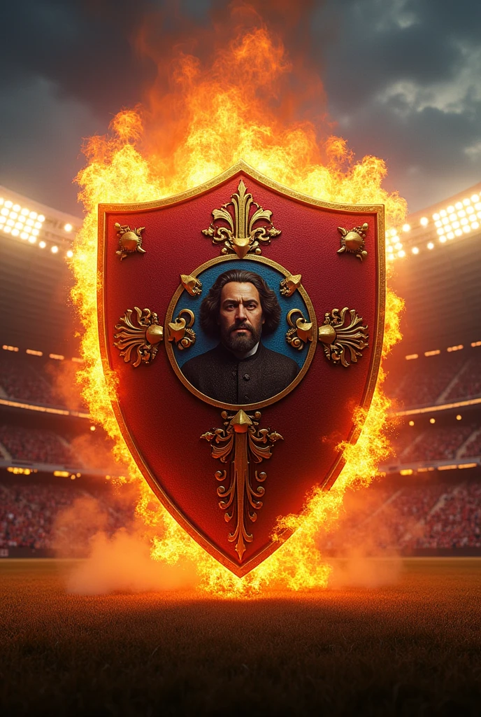 Vasco da Gama team shield with outline in flames of fire over a football stadium