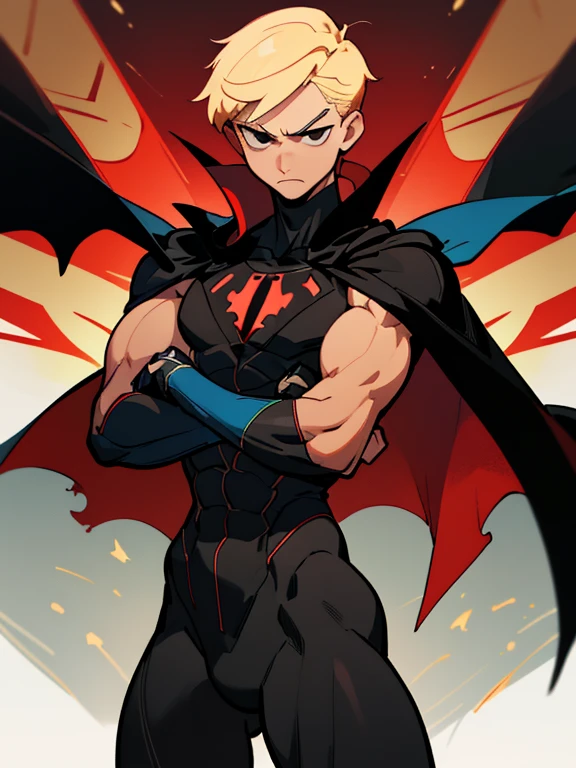 2 masculine man with short blonde hair black eyes, Muscular ectomorph body dressed in a black full-body superhero suit with a red emblem on the chest and a blue cape posing with arms crossed 