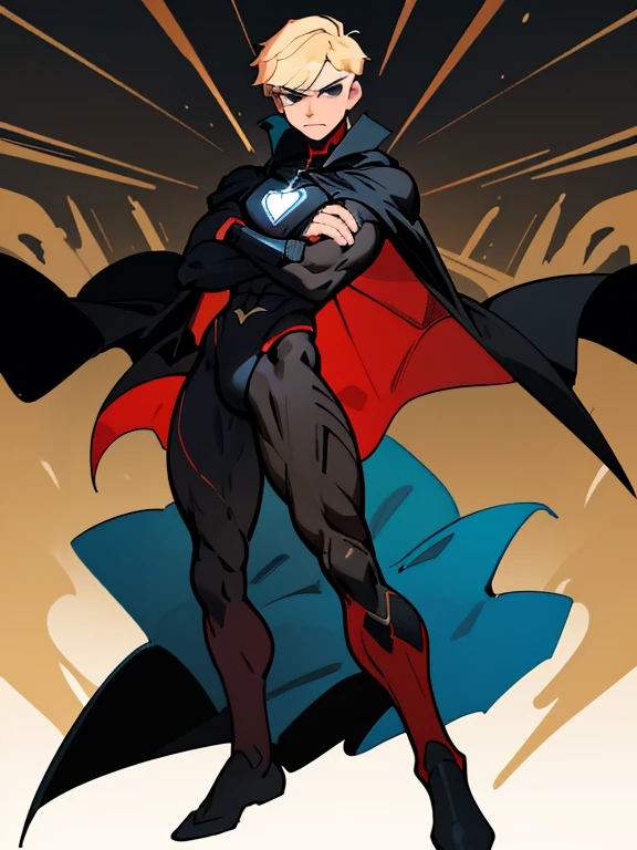 2 masculine man with short blonde hair black eyes, Muscular ectomorph body dressed in a black full-body superhero suit with a red emblem on the chest and a blue cape posing with arms crossed