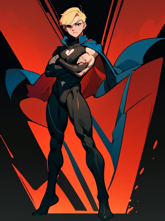 2 masculine man with short blonde hair black eyes, Muscular ectomorph body dressed in a black full-body superhero suit with a red emblem on the chest and a blue cape posing with arms crossed