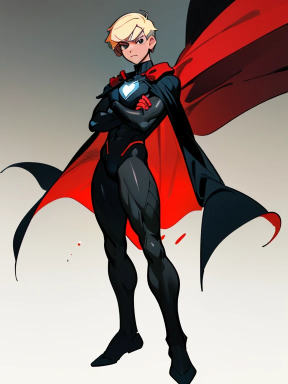 2 masculine man with short blonde hair black eyes, Muscular ectomorph body dressed in a black full-body superhero suit with a red emblem on the chest and a blue cape posing with arms crossed