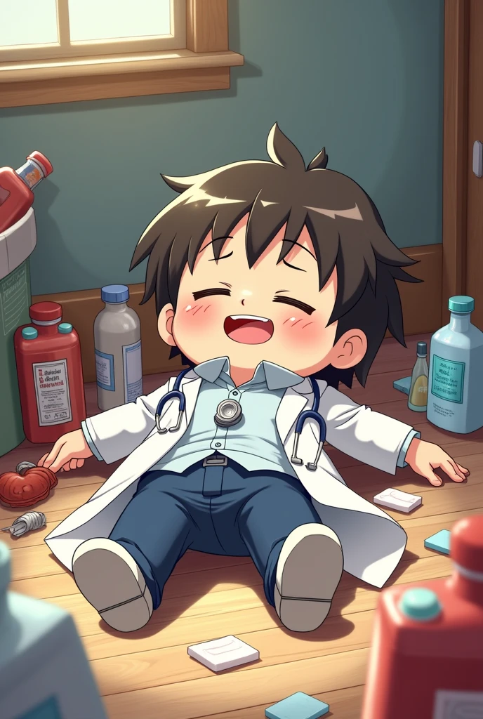 I need an anime image of a little doctor with his bottle lying on the floor very drunk