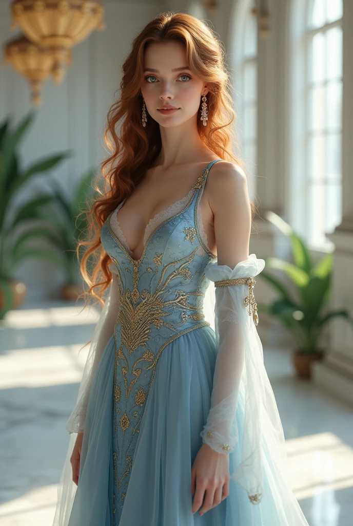 beautiful woman adult, serene, long curly hair, chestnut hair, violet eyes, pale white skin, blue-white empress dress detailed, indoors, cold lighting, plants in background, windows with sunlight, Imperial, castle, gold detailed, white room marble, standing, intricate details, warm colors