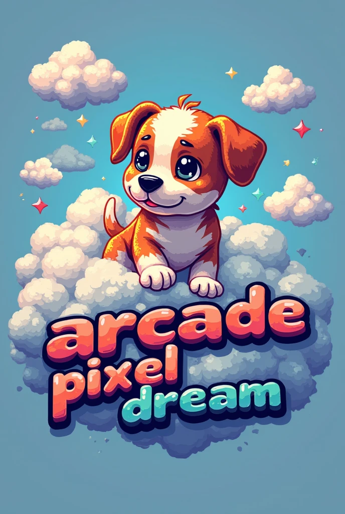 Logo with a dog in the clouds with arcade pixel dream written below pixelated