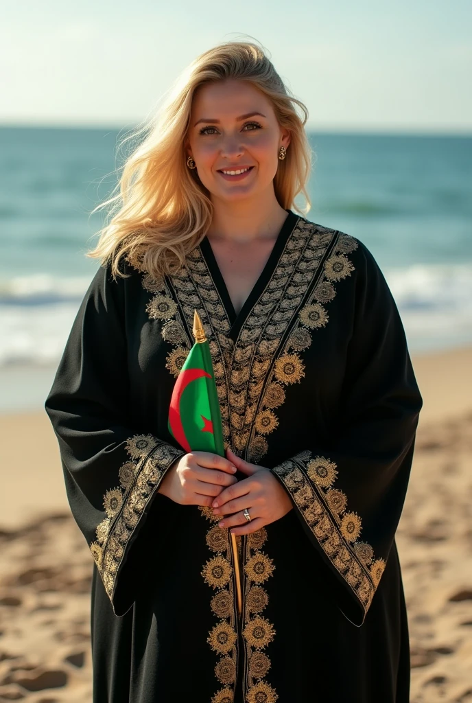 A blonde, plump woman, wearing a black abaya, decorated with gold, holding the Algerian flag, looking directly into the camera, she is standing on a sandy beach . 
